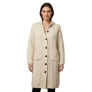 Aran Crafts Sweater Womens Large Long White 100% Merino Wool Cable Knit Ireland